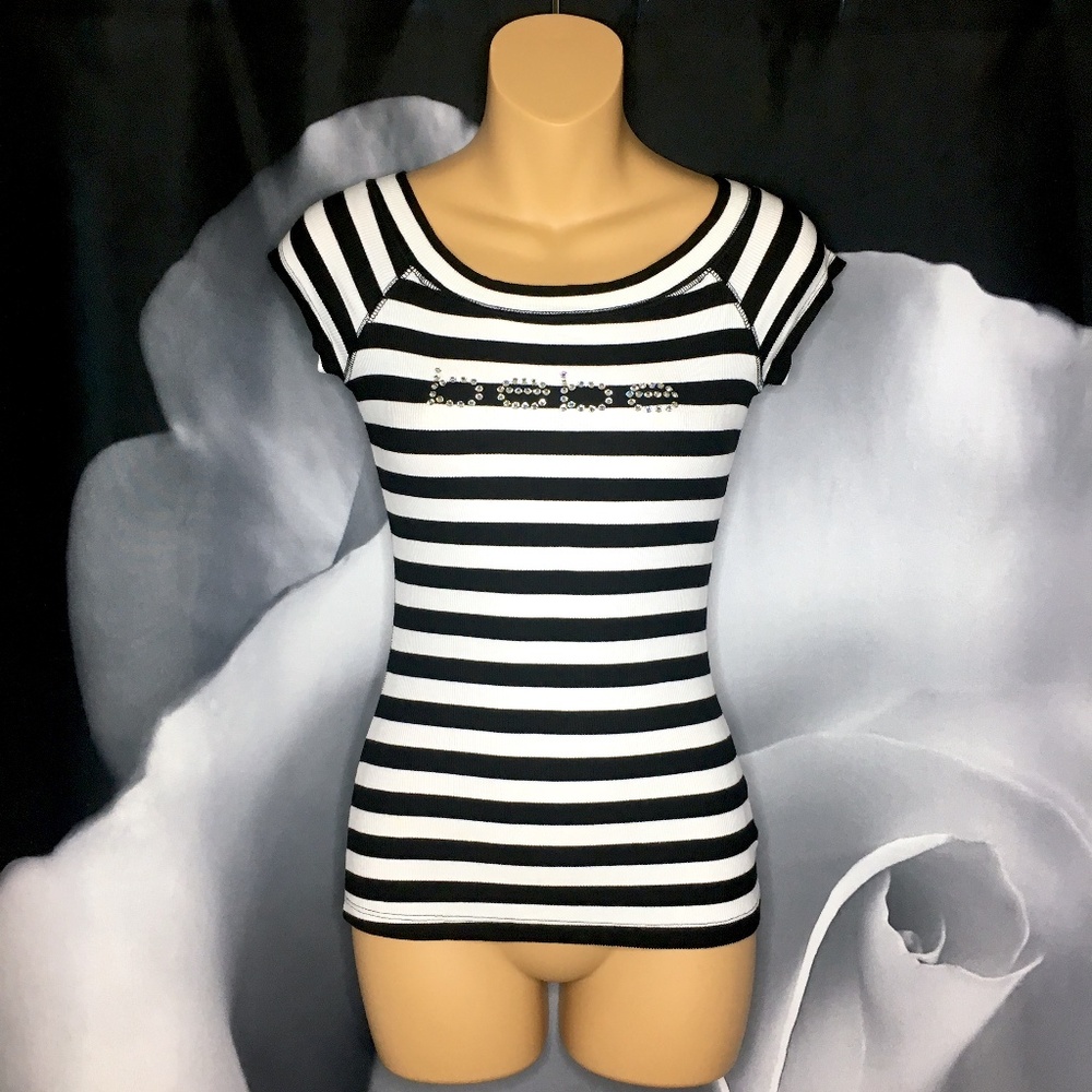 NWOT bebe Black and White Stripe Rhinestone Top